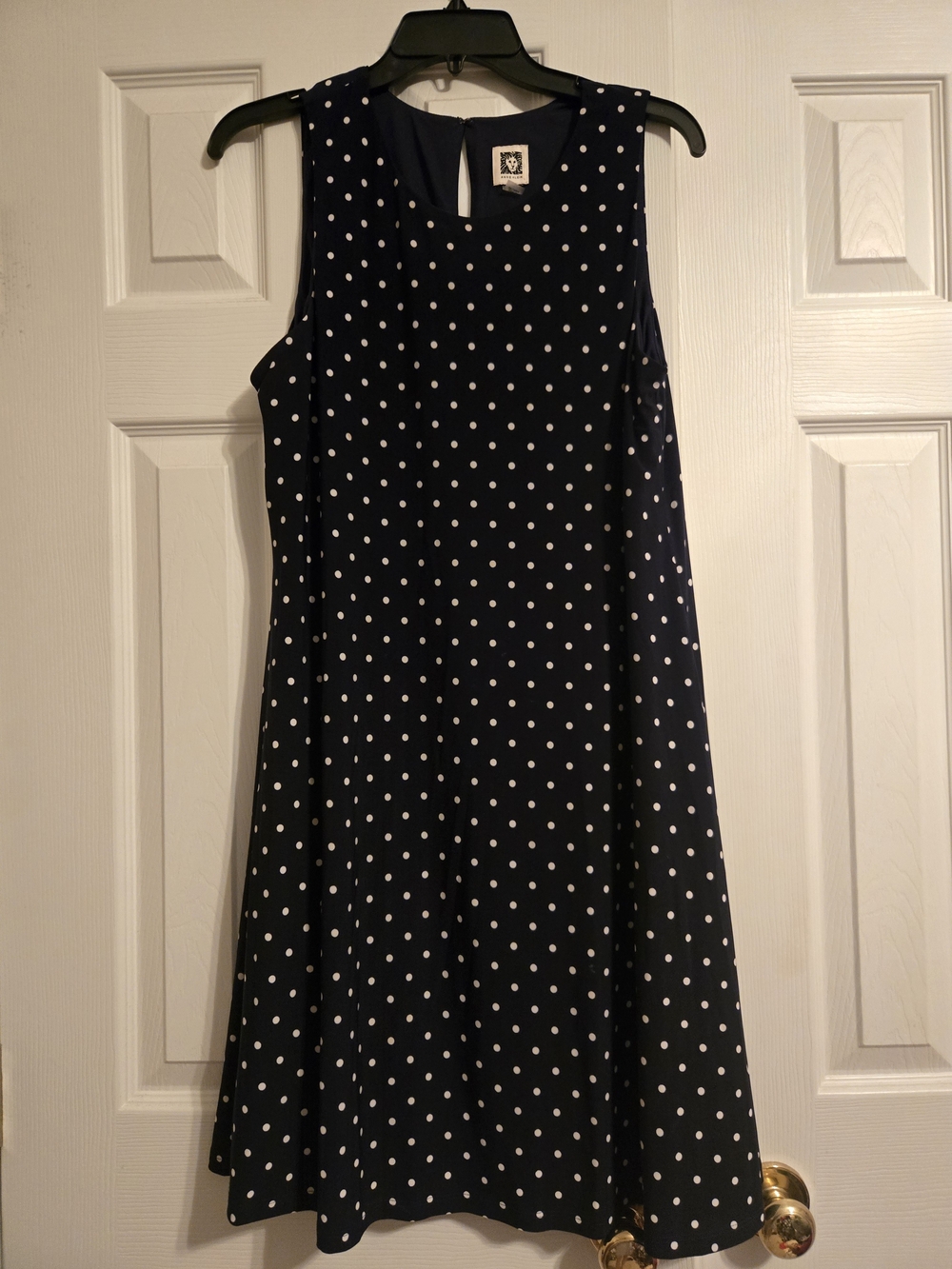 Anne Klein Navy and White Polka Dot Sleeveless A-Line Dress